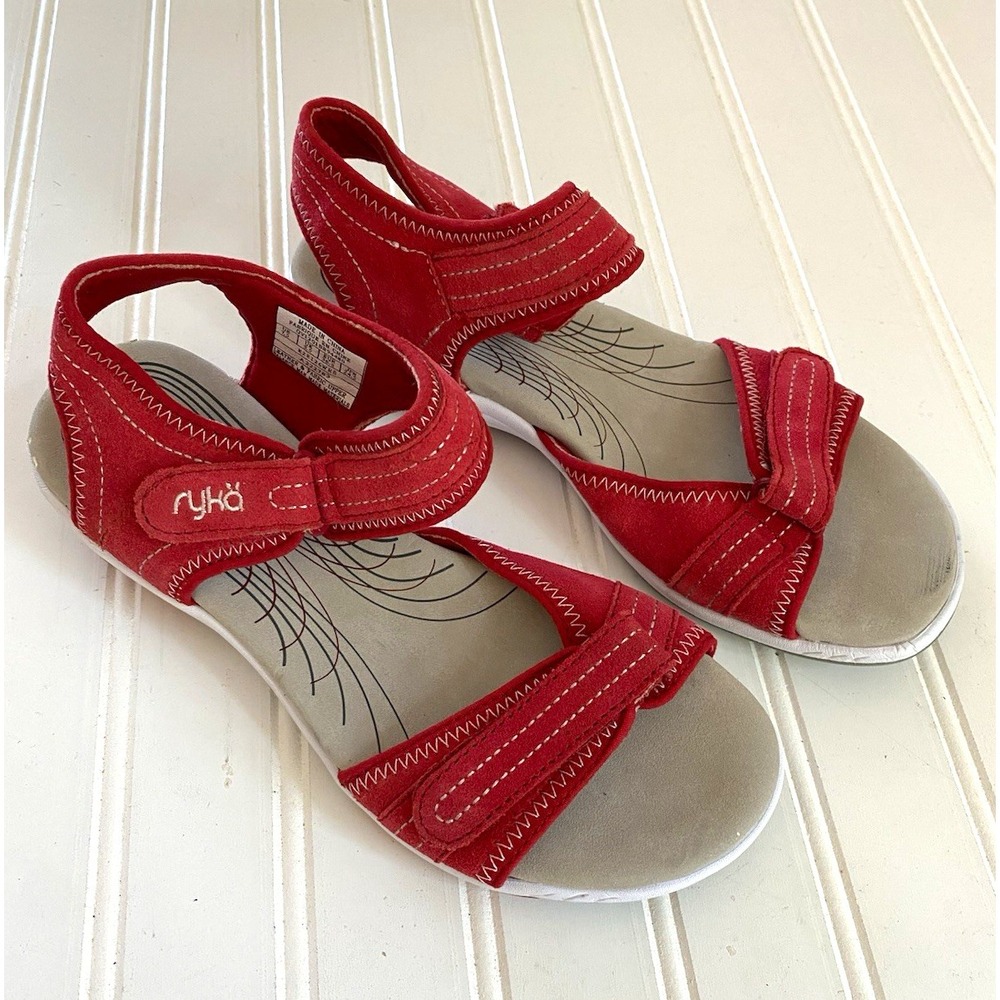 Ryka Women's Red/Gray Strappy Sandals Hook & Loop Adjustable Ankle Strap